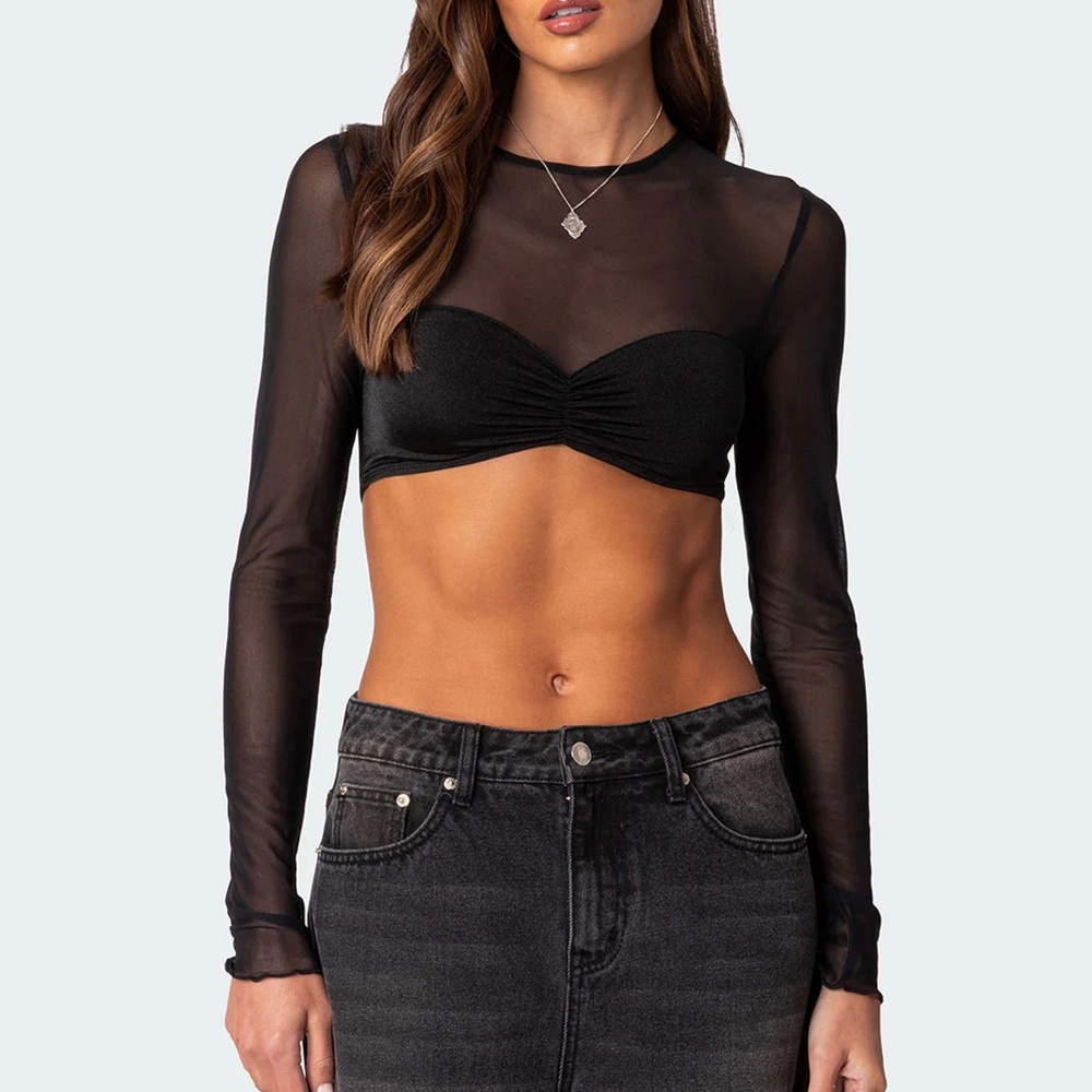Edikted Night Out Black Sheer Long Sleeve Crop Top